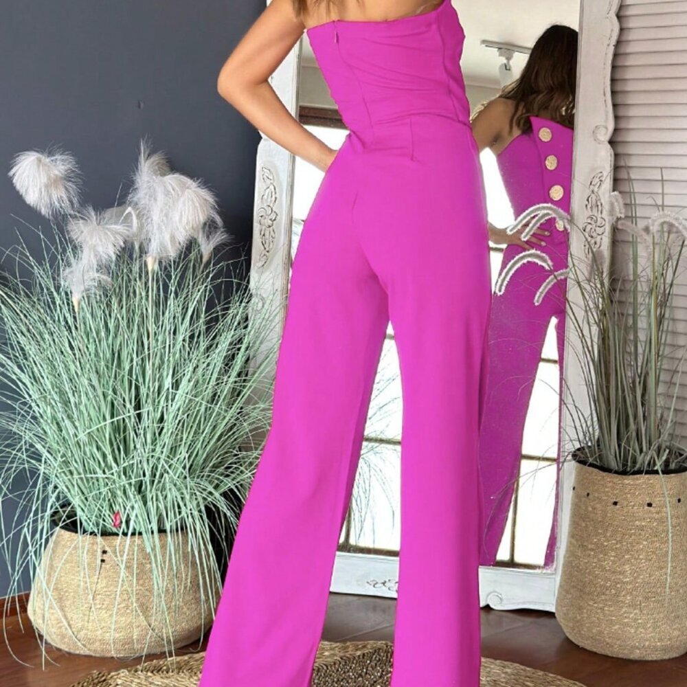 Hot Pink Elegant Women's Asymmetrical Bandeau Jumpsuit - Picture 2 of 4